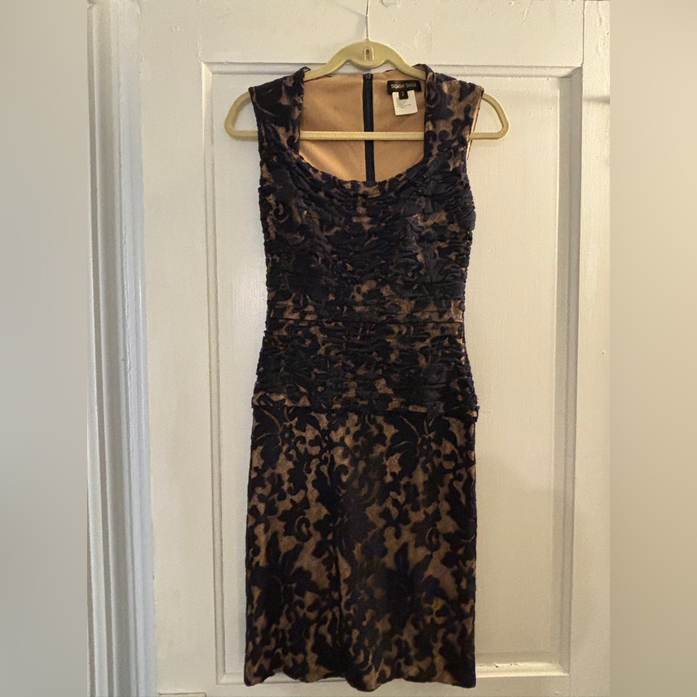 Tadashi Shoji Black and Tan Lace Midi Dress